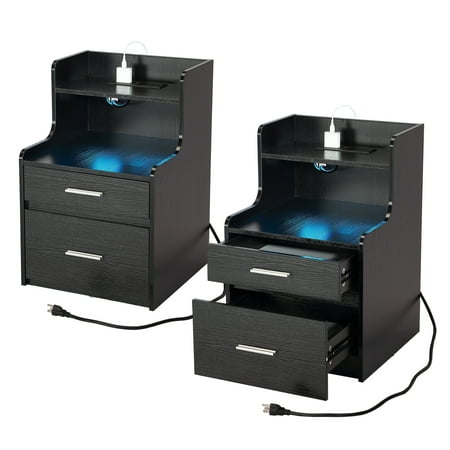 Yamissi Nightstand Set of 2 with Charging Station, Bedside Table with LED Lights, Night Stand with 2 Drawers, 3-Tier Storage End Table for Bedroom, Black