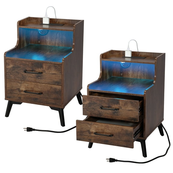 Yamissi Nightstands Set of 2, Night stands with Charging Station & 2 Drawer, Bed Side Tables with Solid Wood Feet, End Table, for Bedroom, Living Room, Rustic Brown
