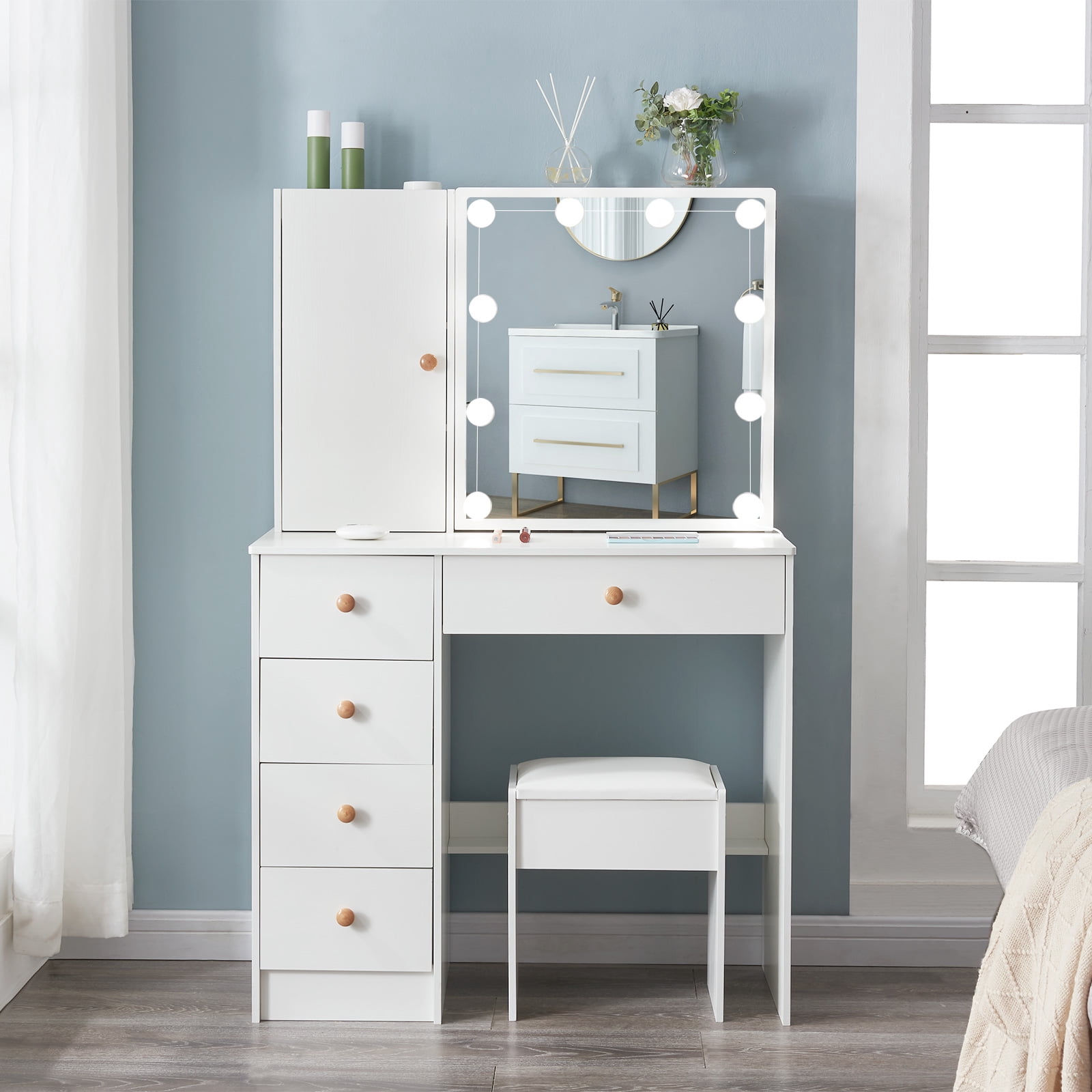 Yamissi Vanities for Bedroom, Makeup Desk with Mirror and Lights ...