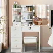 Yamissi Vanity Desk with Lighted Mirror, Modern White Vanity for Bedroom, Makeup Vanity Set with Stool, Storage Shelves and Lockable Drawers