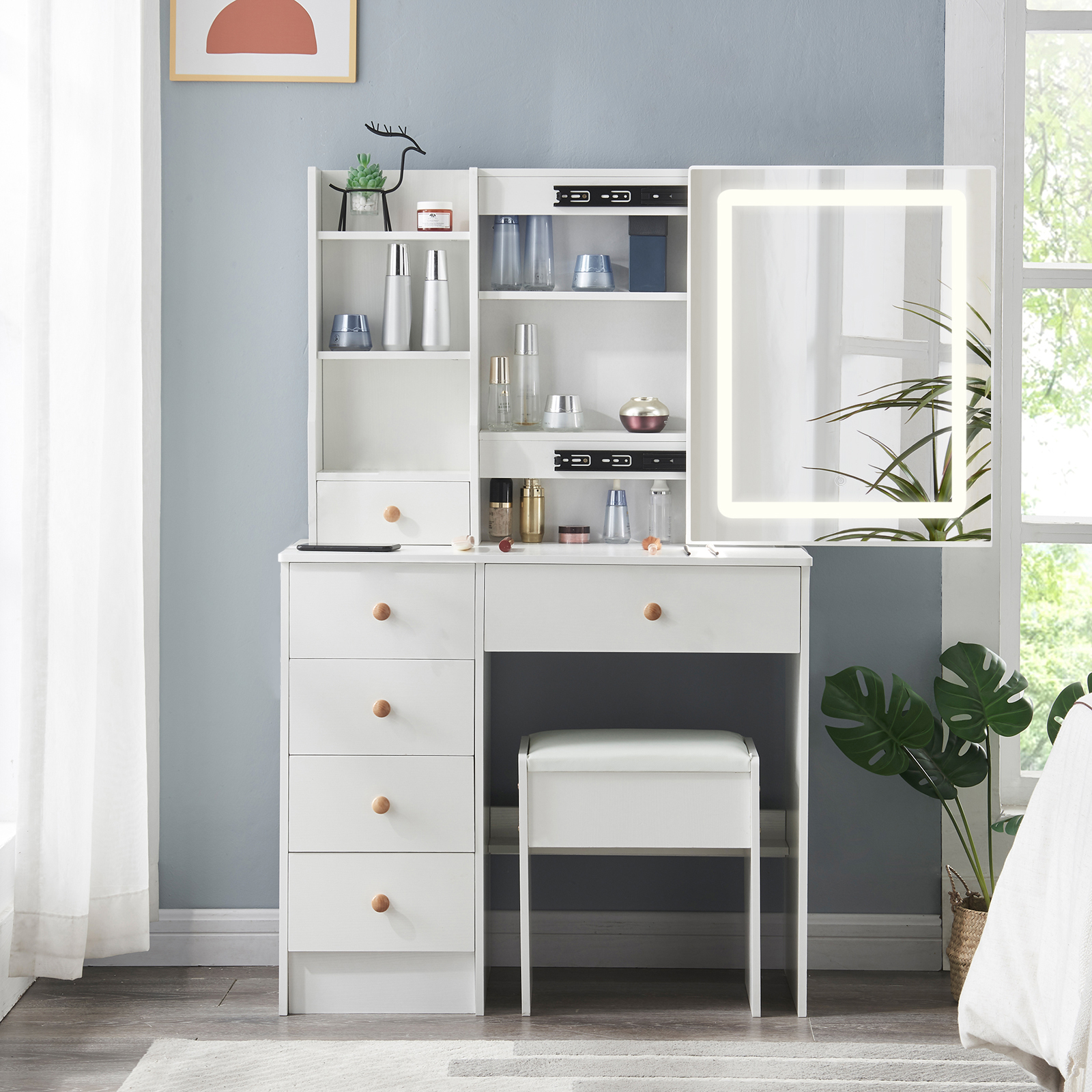 Yamissi Vanity Set with Lighted Mirror, Modern White Vanity Desk for