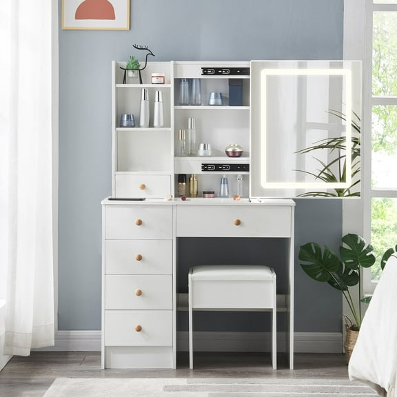 Yamissi Vanity Set with Lighted Mirror, Modern White Vanity Desk for Girls, Makeup Vanity with Stool, Dressing Table for Bedroom