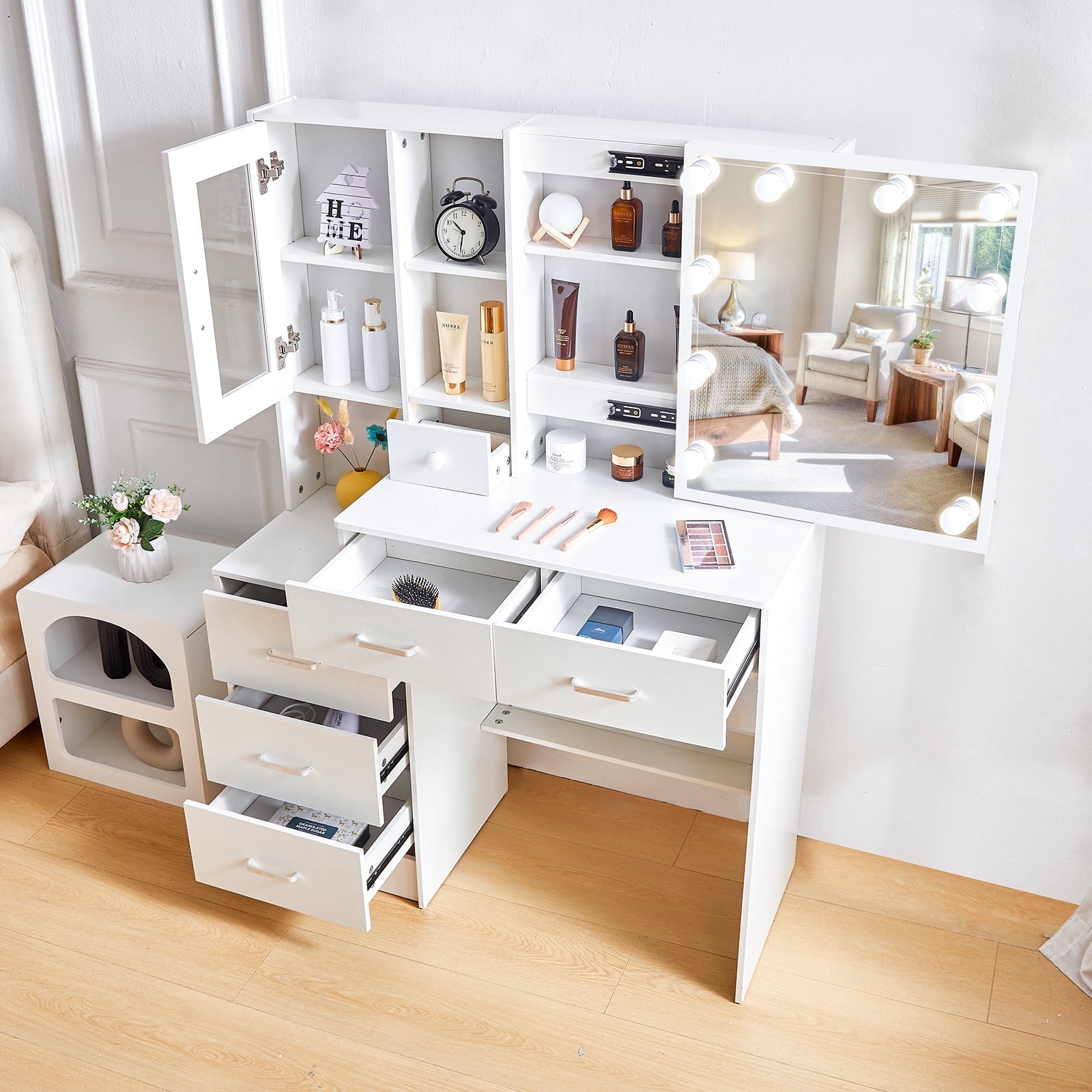 Yamissi Modern Vanity Desk with LED Lights and Mirror, Makeup Vanity Table with Drawers & Cabinet for Bedroom, White