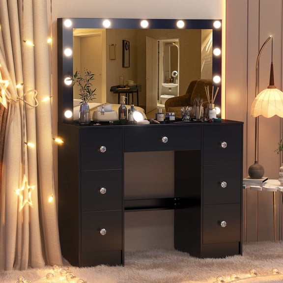 Yamissi Vanity with Mirror and Lights Makeup Vanity Desk with 7 Drawers & 11 LED Bulbs Dressing Table for Bedroom, Black