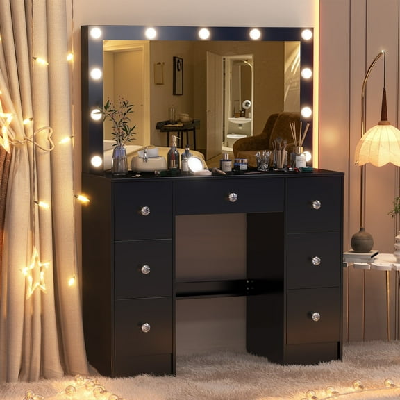 Yamissi Vanity with Mirror and Lights Makeup Vanity Desk with 7 Drawers & 11 LED Bulbs Dressing Table for Bedroom, Black