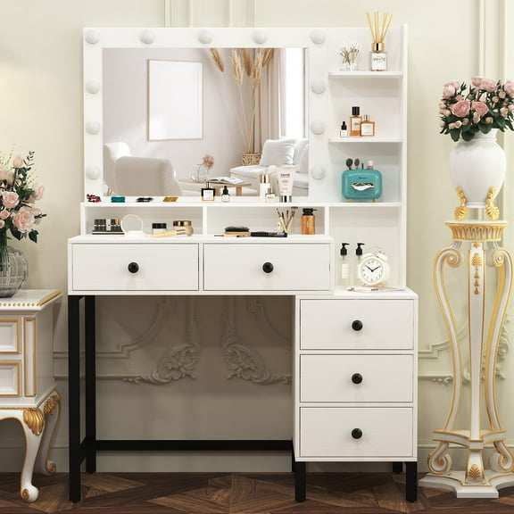 Yamissi White Vanity Table with 11 LED Lights & Mirror, 5 Drawers Makeup Desk Table for Girls