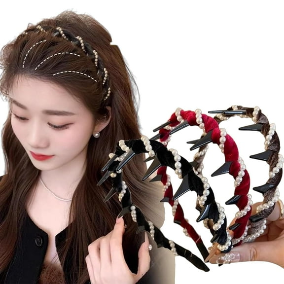 Yamloveme Vintage High Cranium Artificial Pearl Hairband, Yamloveme Pearl Hairband, Headband with Teeth Pearls Headbands Stylish Bling Hair Hoop for Wedding Party