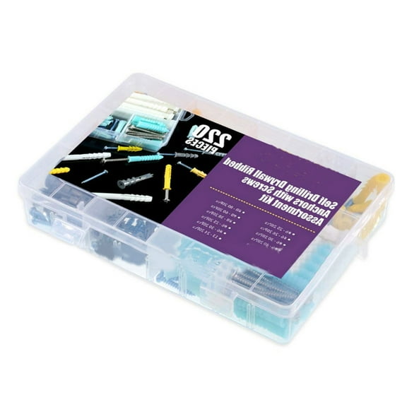 Yammee 220Pcs Plastic Drywalls Wall Anchors Screw Assorment Set Wall Plug Bolt Expansion Bolt Drywalls Plug&Self Tapping Screw