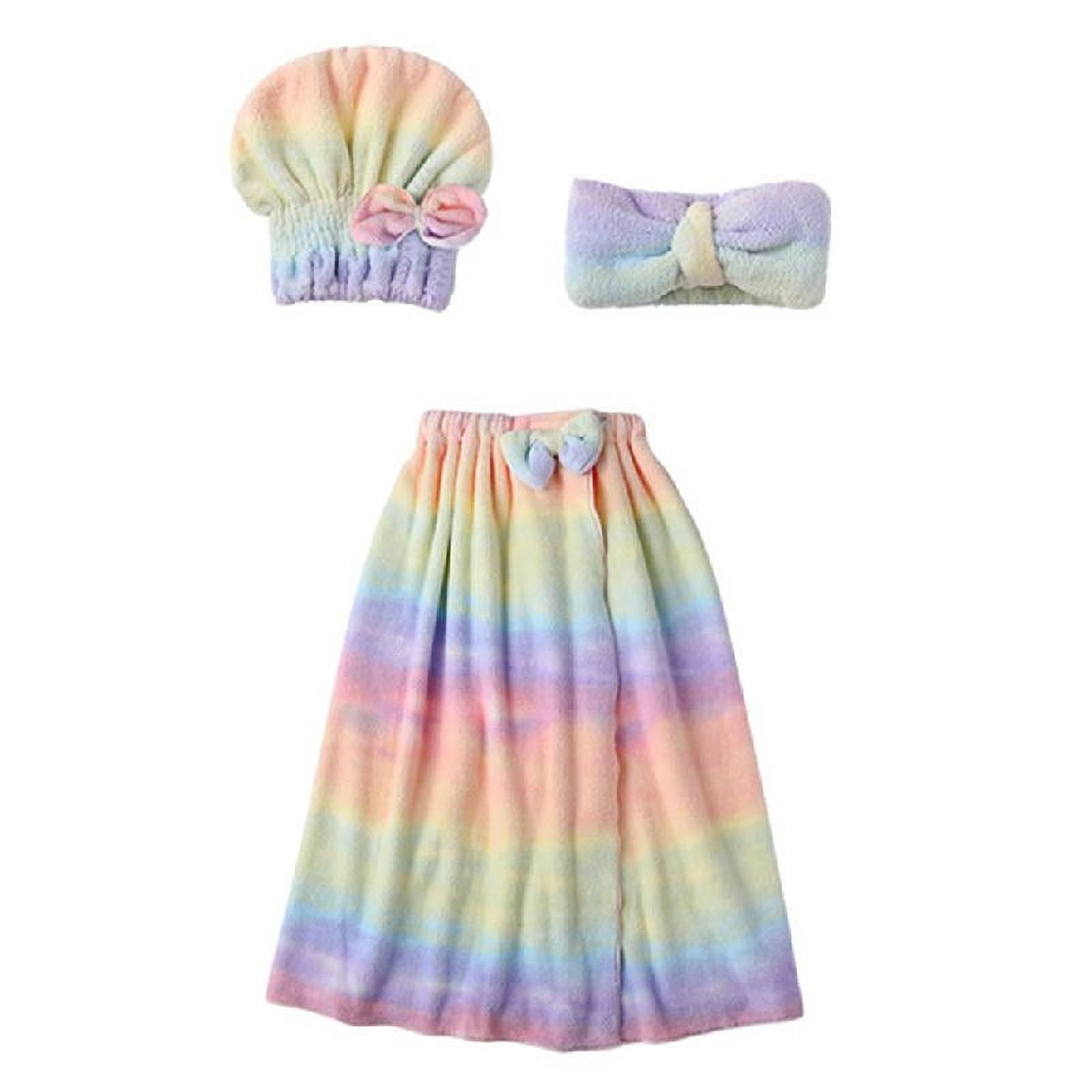 Yammee 3pcs Women Bath Towel Wrap Set Rainbow Striped Shower Bathrobe Hair Cap Headband