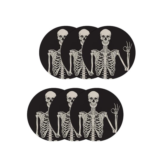Yammee 6Pcs Ceramic Stone Round Beverage Coasters Skeleton Skull Pattern Cup Coasters