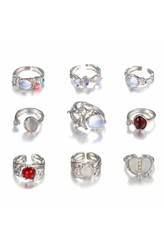 Yammee 9 Pieces Silver Alloy Rings Set for Women Teens Adjustable Size Crystal Rhinestones Finger Rings Everyday Wear Jewelry