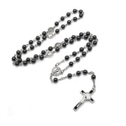Yammee Catholic Rosary Prayer Necklace Mary Blessing Black Gallstone for Cross Pendant Necklaces Round Beads Long Chain Jewelry