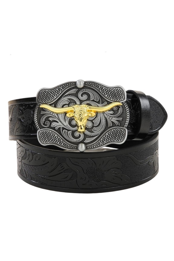 Yammee Cowboy Belts For Men Western With Big Buckle Longhorn Bull Belt Buckle Belt Leather Belt Vintage Western Belt Jeans Belt