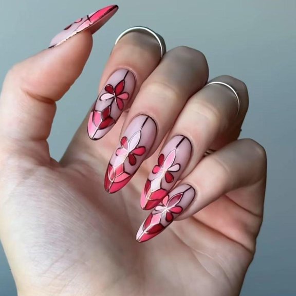 Yammee Creative Oval Nail with Unique Floral Design Press on Nail for Holiday Parties