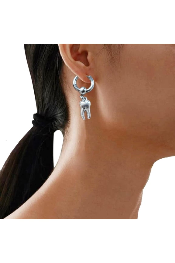 Yammee Gothic Tooth Stud Earrings Rivet Chain Charm Hoop Earring for Women Men Punk Korean Fashion Earrings Rock Accessories