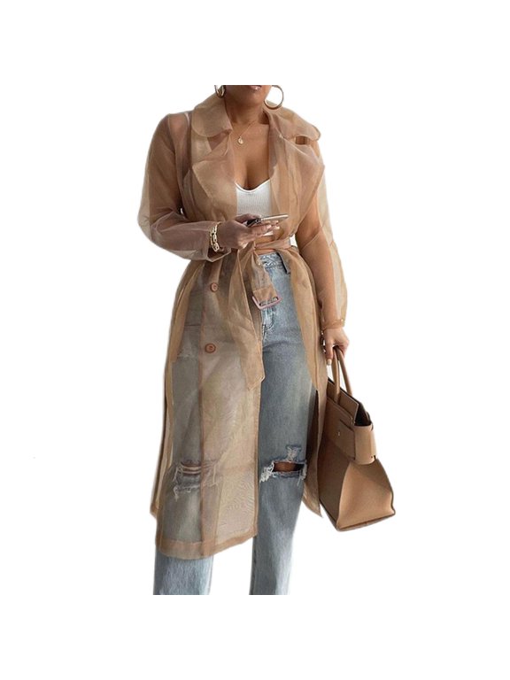 Yammee Mesh Coat Button Down Women Puff Long Sleeve Casual Mesh Sheer Long for Jacket C