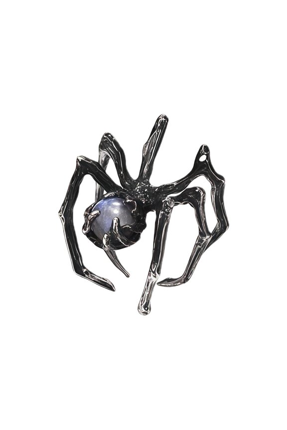 Yammee Modern Gothic Jewelry Moonstone Inlaid Spiders Design Adjustable Metal Ring