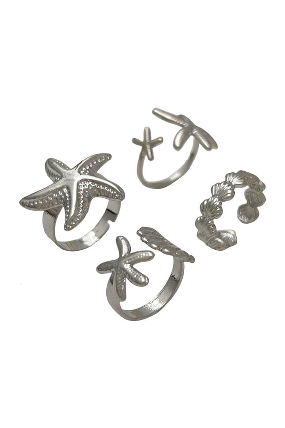 Yammee Pack of 4 Adjustable Shell Starfish Rings Summer Beach Jewelry Accessory Gold Silver