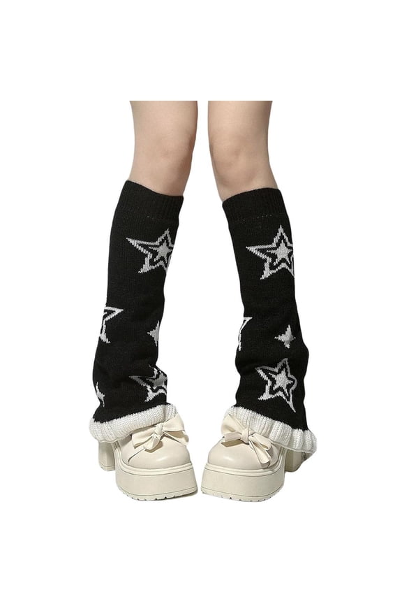 Yammee Punk Knitted Flared Leg Warmers Women Aesthetic Star Pattern Foot Cover Streetwear Ruffle Trim Boot Cuffs Long Socks