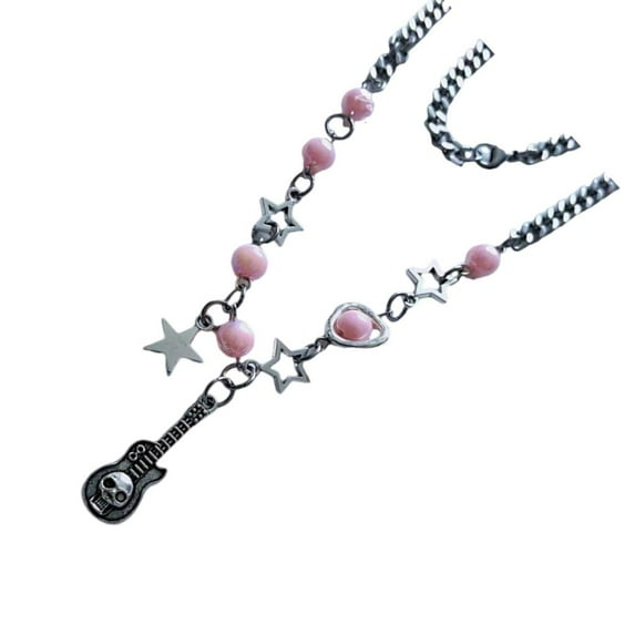 Yammee Punk Skull Guitar Necklace Heart Beaded Neckchain for Women Collarbone Chain