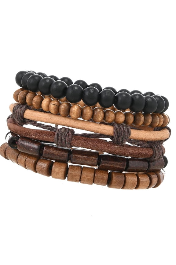 Yammee Set of 5pcs Layering Coconut Wood Beaded Stretchable Jewelry Bangle For Travel