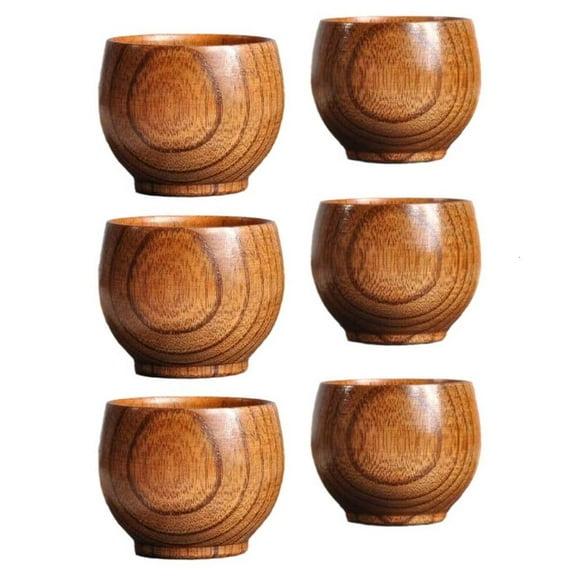 Yammee Set of 6 Simple and Elegant Wood Drinkware Set Handcarved Wood Big Cup Creative Pattern Wood Solid Drinkwares