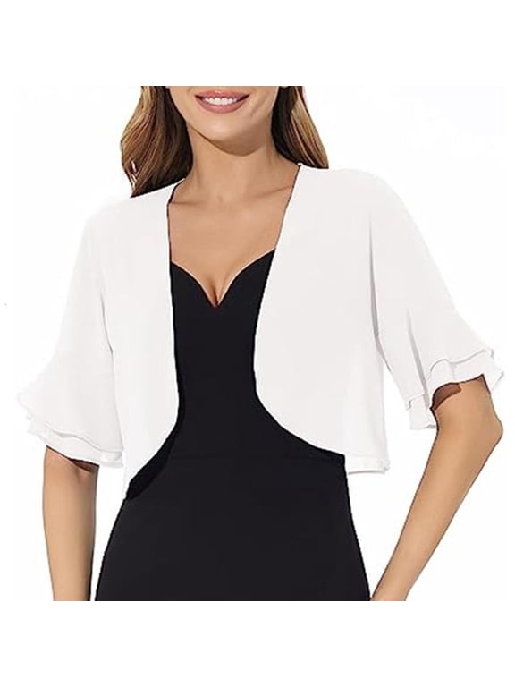 Yammee Women Elegant Loose Shrug Chiffon Cropped Cardigans Open Front Short Sleeve Boleros Thin Top Jackets for Evening Dress