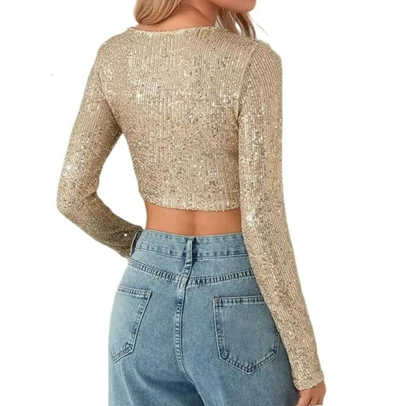 Yammee Women's Sparkly Sequins Long Sleeve Crop Top Slim Fit T-Shirt Party Clubwear