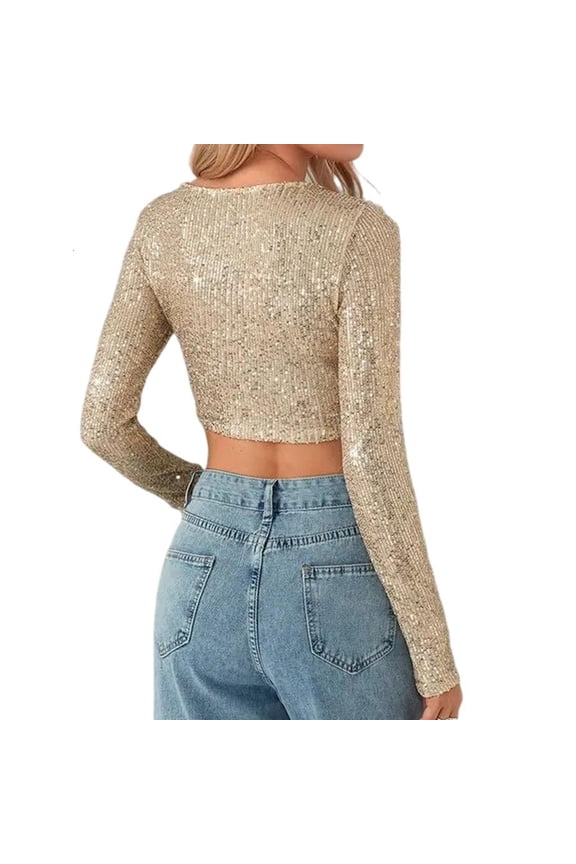 Yammee Women's Sparkly Sequins Long Sleeve Crop Top Slim Fit T-Shirt Party Clubwear