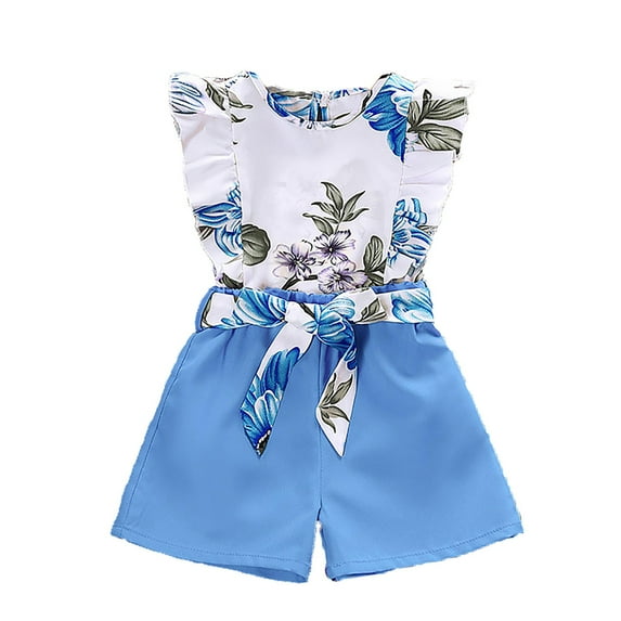 Yammkia Baby Clothes For Girls Baby Girl Summer Clothes Sleeveless Floral Top Ribbed Shorts Boho Outfit Set for 6-7 Years,Blue