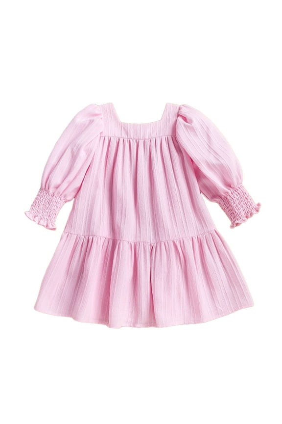 Baby Girl Dress Puff Sleeve Smocked Solid Color Dress Toddler Girl Dresses 6 9 12 18 24 Months 2T 3T 4T (Pink,Size 12-18 Months)