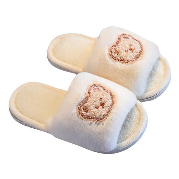 Yammkia Boys Girls Fuzzy House Slippers Open Toe Home Slides for Kids Indoor Outdoor Warm Shoes for 10.5-11 Years,Beige