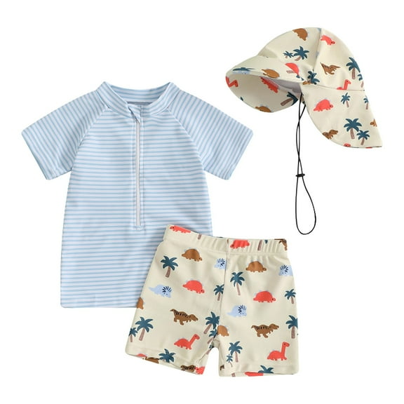 Yammkia Boys Swimwear with Breathable Fabric Toddlers And Baby Boys' 3-Piece Swimsuit Trunk And Rashguard Sun Hat Set for 12M,Blue