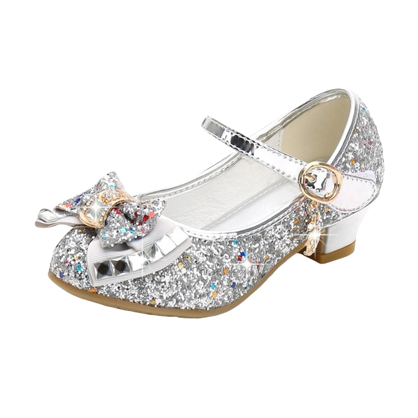 Girl's Dress Shoes Mary Jane Glitter 1.5 in Low Heel Wedding Party Princess Shoes for Toddler/Little/Big Kids (Silver,13.5)