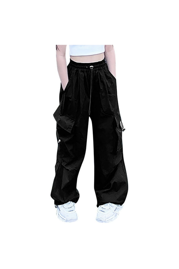 Girls Pants Girls High Waist Casual Y2k Wide Leg Cargo Pants 3T 4T 5T 6T 7T 8-14 Years (Black,11-12 Years)
