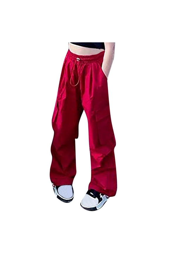 Girls Pants Girls High Waist Casual Y2k Wide Leg Cargo Pants 3T 4T 5T 6T 7T 8-14 Years (Red,5-6 Years)