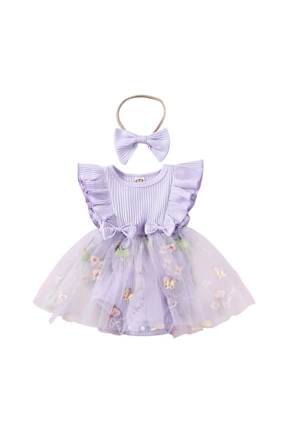 Baby Girl Romper Dress Sleeveless Bow Flower Lace Tulle Dress Bodysuit Headband Summer Outfits 0 3 6 9 12 18 24 Months(Purple,0-3 Months)