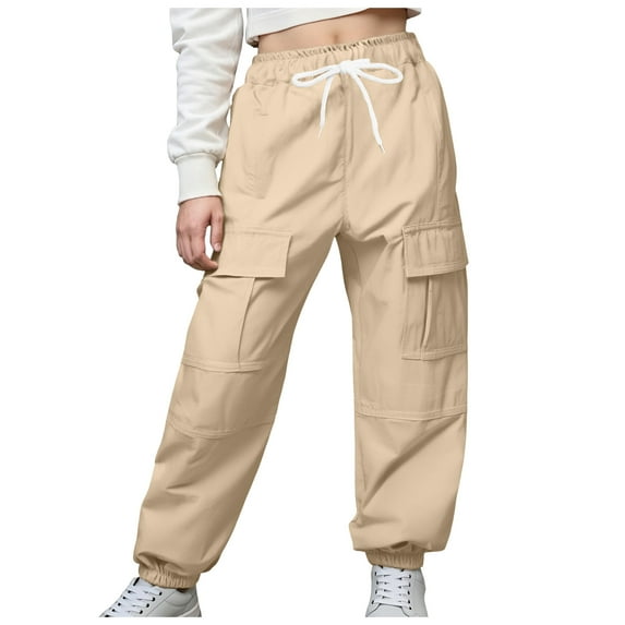 Yammkia Khaki Pants for Girls Cargo Pants Kids Drawstring Elastic Waist Casual Jogger Pants with Pockets Size 7-8 (Khaki,7-8 Years)