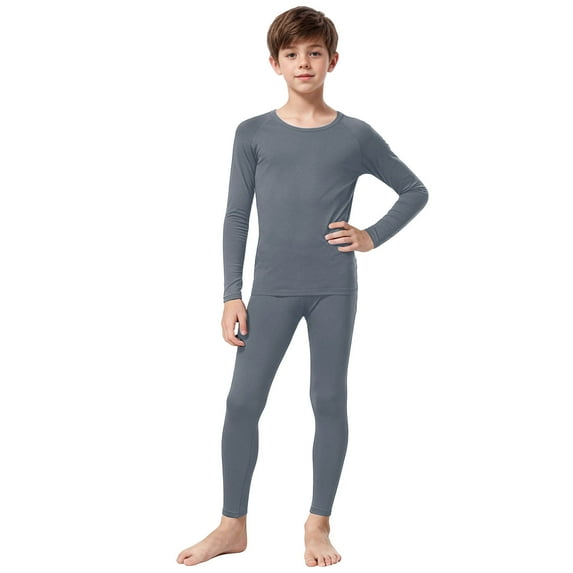 Yammkia Kids Thermal Underwear Set Youth Boys Thermal Underwear Set Compression Fleece Lined Leggings with Athletic Shirts Base Layer Thermal Set for Toddler Boys 11-18T (Grey,13-14 Years)
