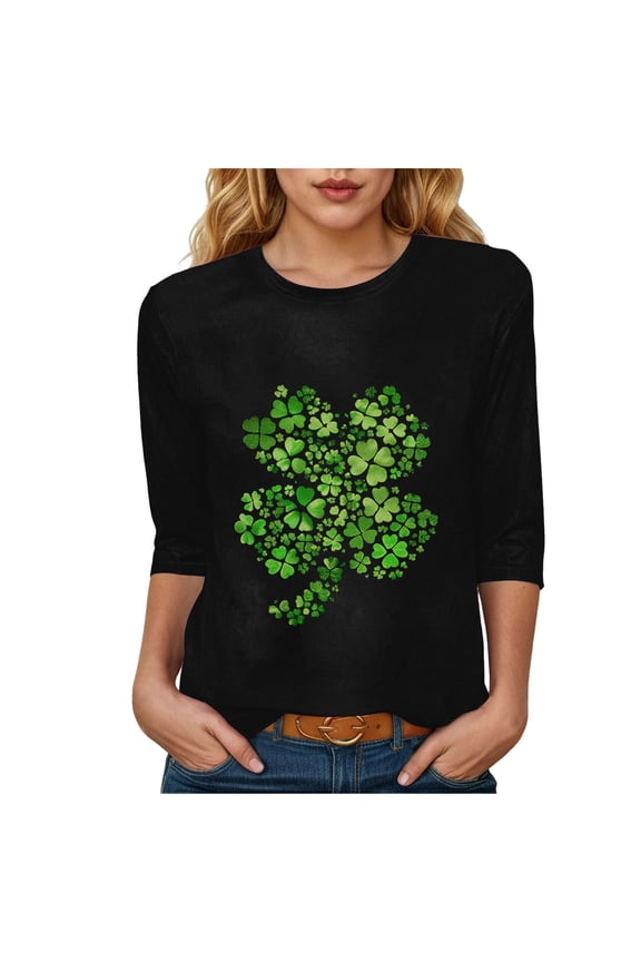 Lucky Shamrock Print Casual Tops Womens 3/4 Sleeve Crew Neck T-Shirts St Patricks Day Spring Shirts Love Heart Tops(Black,S)
