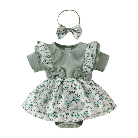 Yammkia Summer Baby Girl Romper Bodysuit Dresses Bow Flower Embroidery Short Sleeve Jumpsuit Summer Clothes 0 3 6 9 12 18 Months(Green,3-6 Months)