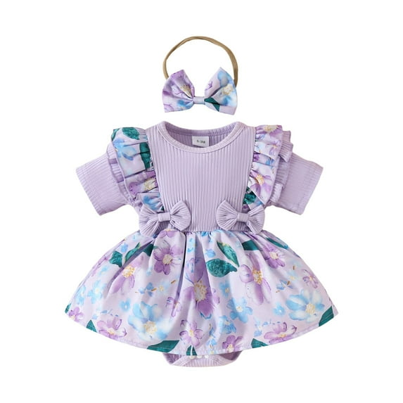 Yammkia Summer Baby Girl Romper Bodysuit Dresses Bow Flower Embroidery Short Sleeve Jumpsuit Summer Clothes 0 3 6 9 12 18 Months(Purple,0-3 Months)
