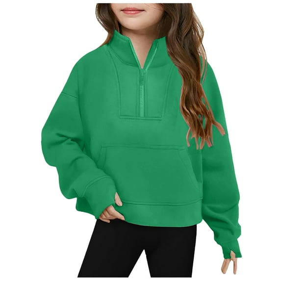 Yammkia Sweatshirts for Teen Girls Cute Fleece Half Zip Up Sweatshirts Loose Pullover Tops Kids Girl Clothes 5T 6T 7-8 8-10 10-12 12-14 (Green,5-6 Years)