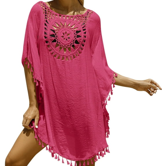 Yammkia Swimsuit Coverup for Women Bathing Suit Cover ups Women Swimsuit Crochet Swim Cover Up Summer Bathing Suit Swimwear Knit Short Sleeve Pullover 2025 Beach Dress for One Size,Hot Pink