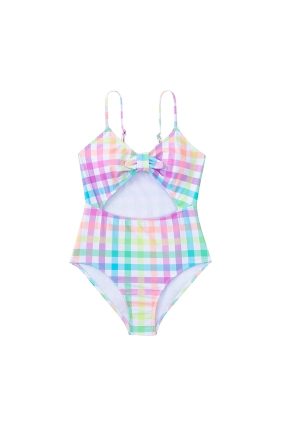 Teens Girls One Piece Swimsuits Tummy Control Bathing Suit Gingham Print Ruched Cut Out Knot Front Monokini for Beach 7-12 Years,Sky Blue 9-10 Years