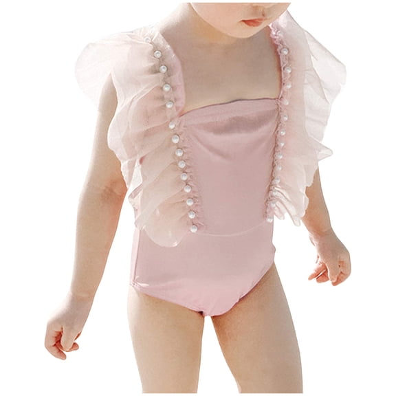 Yammkia Toddler Baby Girl One Piece Swimsuit Solid Fly Sleeve with Pearls Ruffle Trim Bathing Suit Cute Swimwear Beachwear 12M-6T (Pink,Size 2-3 Years)