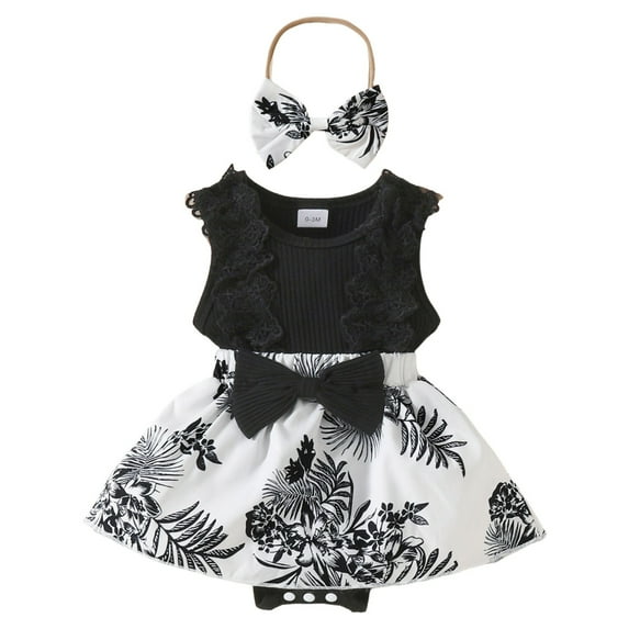 Yammkia Toddler Girls Summer Clothes Sunflower Romper Dress Lace Ruffle Sleeveless Outfits with Headband Clothes Set 0 3 6 9 12 18 Months(Black,6-9 Months)