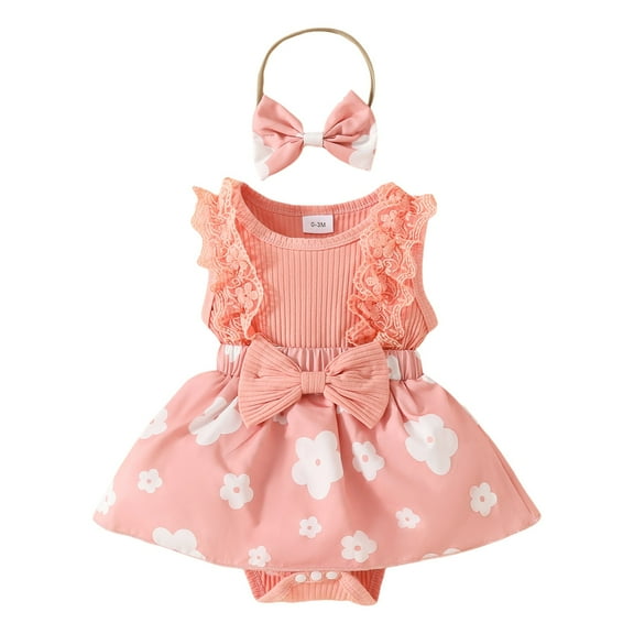 Yammkia Toddler Girls Summer Clothes Sunflower Romper Dress Lace Ruffle Sleeveless Outfits with Headband Clothes Set 0 3 6 9 12 18 Months(Light Pink,12-18 Months)