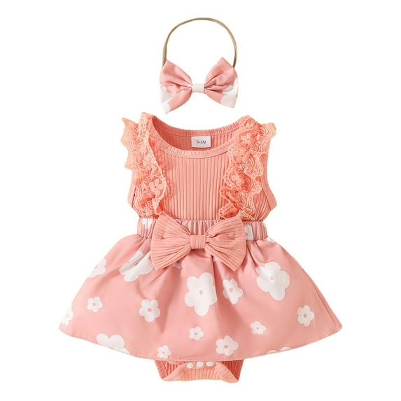 Yammkia Toddler Girls Summer Clothes Sunflower Romper Dress Lace Ruffle Sleeveless Outfits with Headband Clothes Set 0 3 6 9 12 18 Months(Light Pink,3-6 Months)