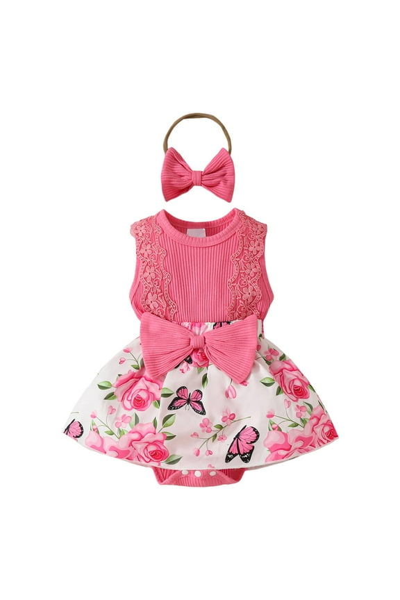 Toddler Girls Summer Clothes Sunflower Romper Dress Lace Ruffle Sleeveless Outfits with Headband Clothes Set 0 3 6 9 12 18 Months(Pink,3-6 Months)
